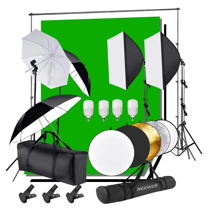 Lighting Kit Adjustable 2x3m Background Support System 4pcs Backdrops Tripod Stand 5 in1 60cm Reflector Board Diffuser Umbrella
Lighting Kit Adjustable 2x3m Background Support System 4pcs Backdrops Tripod Stand 5 in1 60cm Reflector Board Diffuser Umbrella