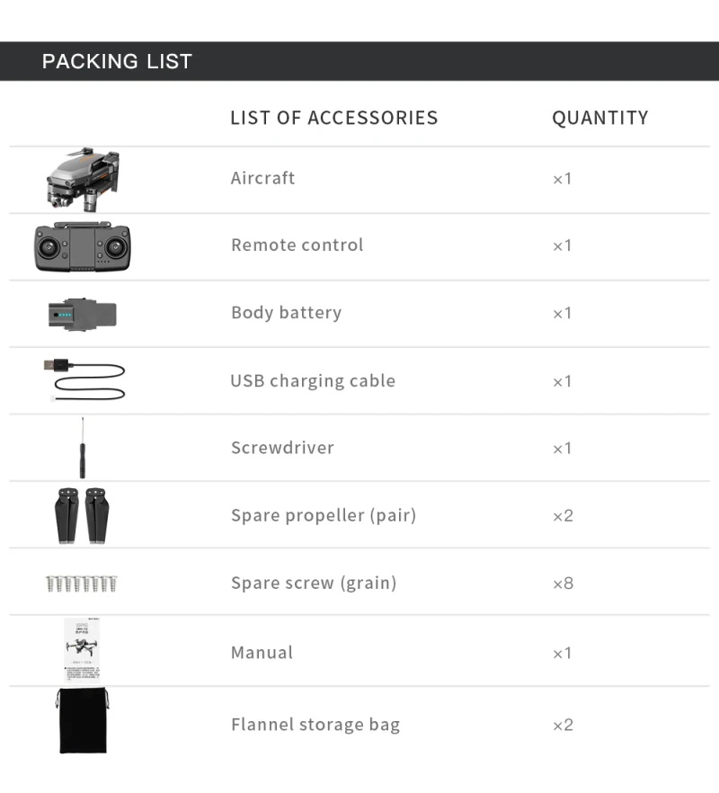 L109 Pro Drone, PACKING LIST LIST OF ACCESSORIES QUANTITY Aircraft