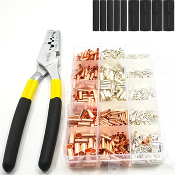 

GT Copper connecting pipe wire joint small copper tube Terminal Cable Lug Bootlace Ferrule Kit with heat shrink tube plier