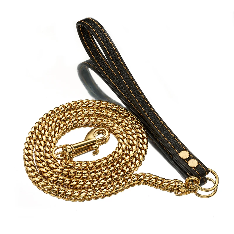 Gold Color Dog Leash 10mm Wide 316L Stainless Steel Curb Cuban Link Chain with 9inch Black Leather Cord
Gold Color Dog Leash 10mm Wide 316L Stainless Steel Curb Cuban Link Chain with 9inch Black Leather Cord