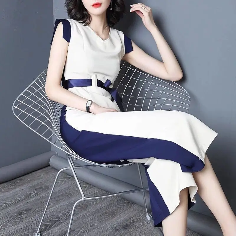 

With Sashes Women Pants Suits Sleeveless V Neck Tops Blouses and Open Leg Pants Spliced Twinset Suits Sets Party Clothing NS995