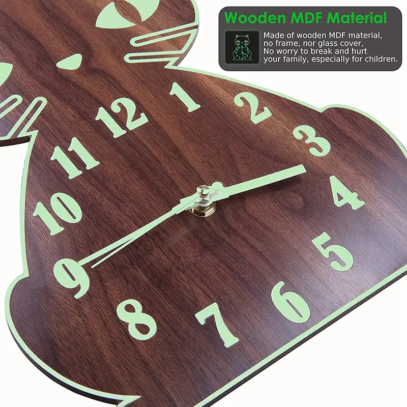 Cat themed wooden luminous wall clock3