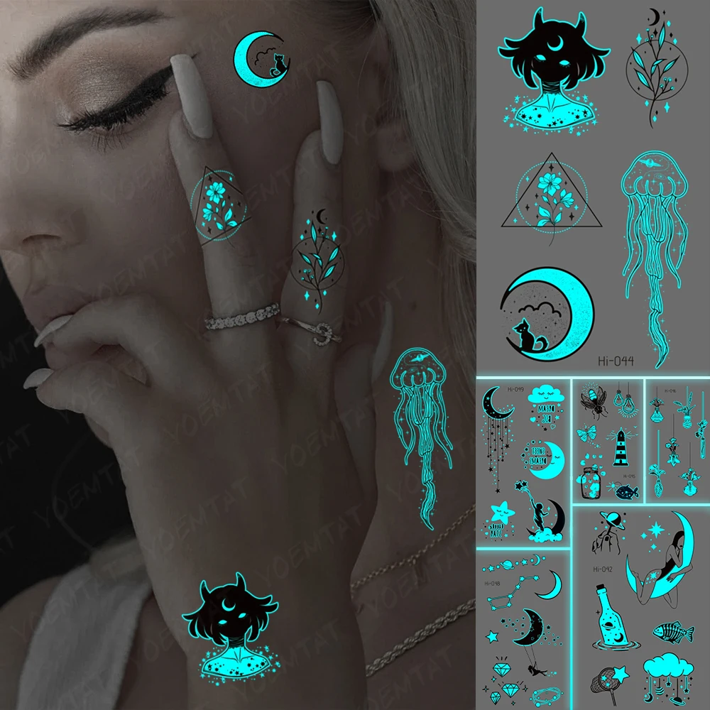 Blue Luminous Glow Tattoo Sticker Cat Jellyfish Moon Waterproof Temporary Tatoo Demon Finger Wrist Fake Tatto For Body Art Women
Blue Luminous Glow Tattoo Sticker Cat Jellyfish Moon Waterproof Temporary Tatoo Demon Finger Wrist Fake Tatto For Body Art Women