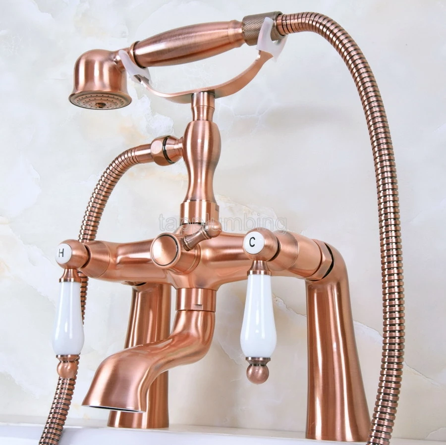 

Deck Mounted Bath Tub Faucet Antique Red Copper Bathtub Faucets with Hand Shower Dual Handle Mixer Tap tna173