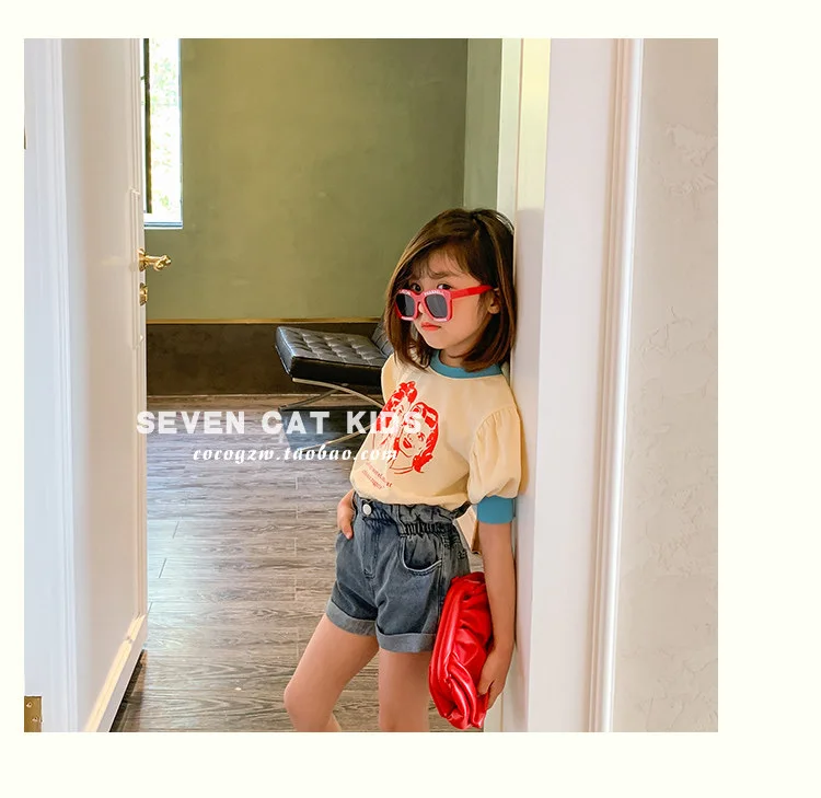 Summer short-sleeved girl T-shirt round neck bubble sleeve top fashion design sense American clothes medium large girl clothes Summer short-sleeved girl T-shirt round neck bubble sleeve top fashion design sense American clothes medium large girl clothes