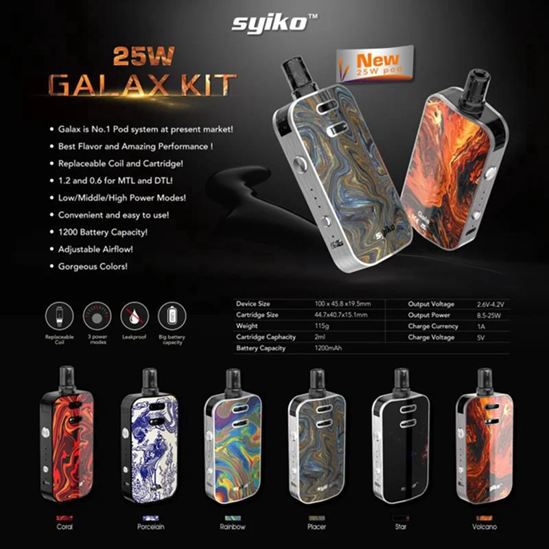 Syiko Original E- cigarette Galax 25W Kit 1200mAh Built-in Battery With 2ml Pod vape Cartridge smart cigarette Kit Vaporizer
Syiko Original E- cigarette Galax 25W Kit 1200mAh Built-in Battery With 2ml Pod vape Cartridge smart cigarette Kit Vaporizer