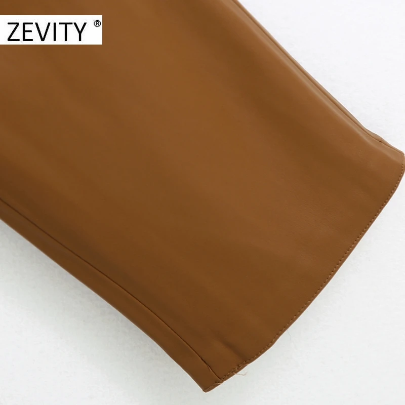 ZEVITY Women fashion solid PU leather straight pants female zipper fly casual slim long Trousers chic autumn business pants P935