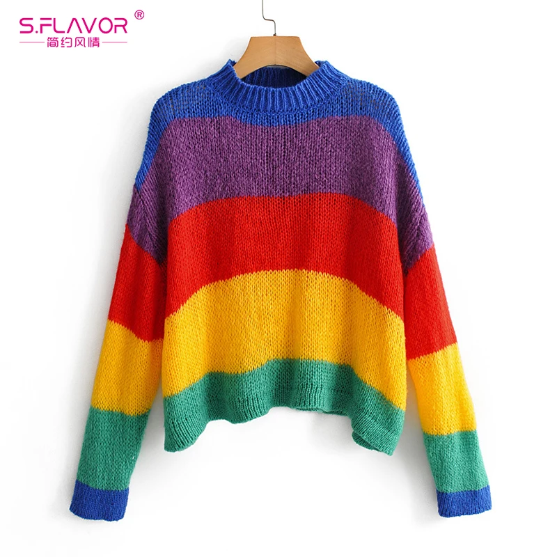 S.FLAVOR Women Long Sleeve O Neck KnitWear Fashion Colorful Striped Rainbow Jumper Pullover 2019 Autumn Winter Loose Pull Femme 
S.FLAVOR Women Long Sleeve O Neck KnitWear Fashion Colorful Striped Rainbow Jumper Pullover 2019 Autumn Winter Loose Pull Femme
