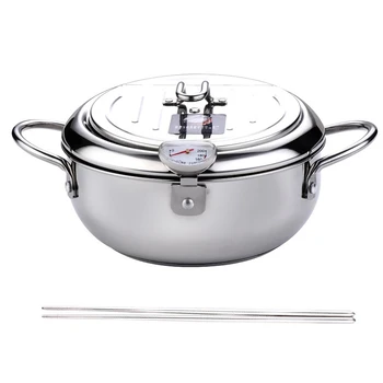 Deep Frying Pot with A Thermometer,Lid&Chopsticks Stainless Steel Kitchen Fryer Pan,Fryer Pan,Uncoated Fryer 20 cm