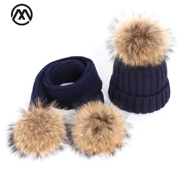 

2019 Fashion Ladies Raccoon Fur Pompom Knit Beanies Hat Scarf Sets High Quality Soft Cap Scarves Winter Warm Woman Cotton Baggy