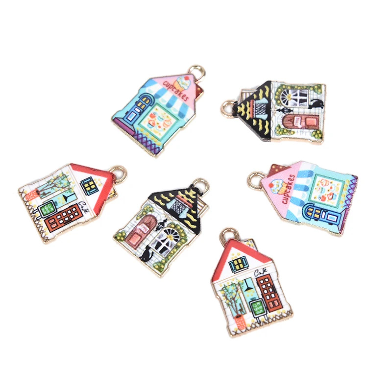 10Pcs Lovely Cartoon Printing House Charms Pendants Model Alloy Jewelry Material Small Hanging Accessories DIY Findings 2*1.2cm | Украшения