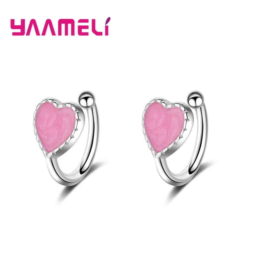 

Delicate 100% 925 Sterling Silver Sparkling Women Girl Clip Earrings Enameled Pink Heart Wedding Party Luxury Jewelry