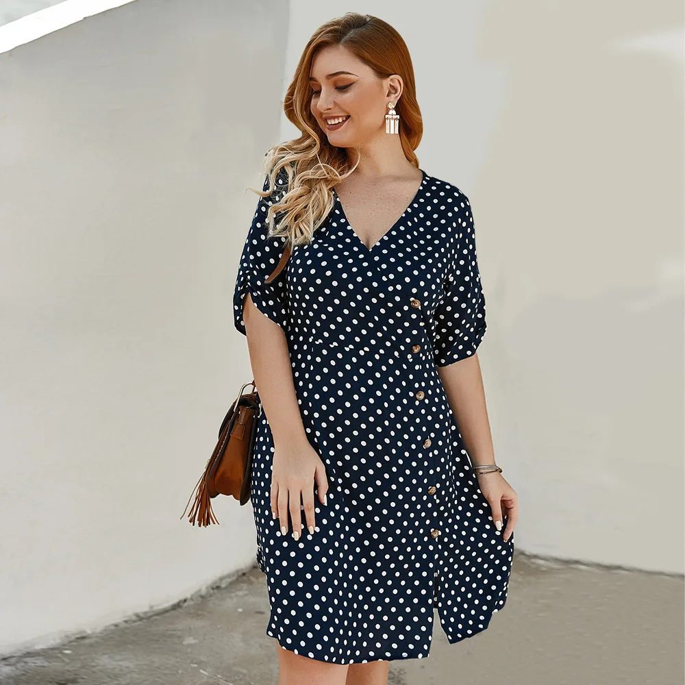 Plus Size Navy Blue Polka Dot Dress A-Line V-Neck Button Ruched Spring Summer Dress Elegant Short Women Dress Ropa Mujer 2020
Plus Size Navy Blue Polka Dot Dress A-Line V-Neck Button Ruched Spring Summer Dress Elegant Short Women Dress Ropa Mujer 2020