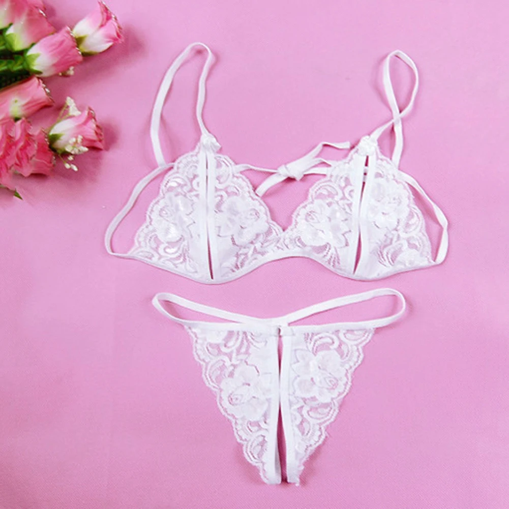 Erotic Women Lace See Through Triangle Cup Bra Open Crotch Briefs Set