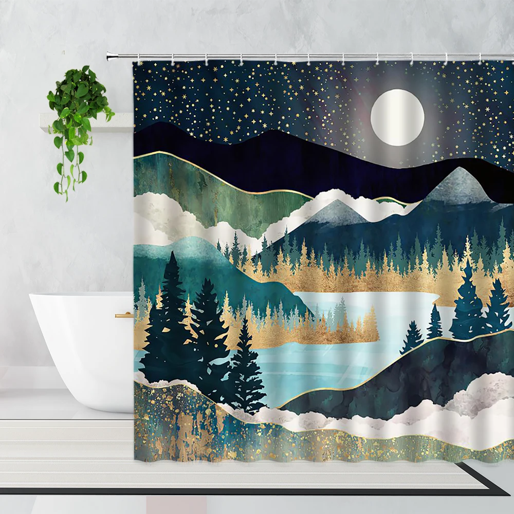 

Nordic Scenery Shower Curtain Mountain Water Starry Sky Moonlight Restaurant Decor Background Cloth Bedroom Curtains With Hooks