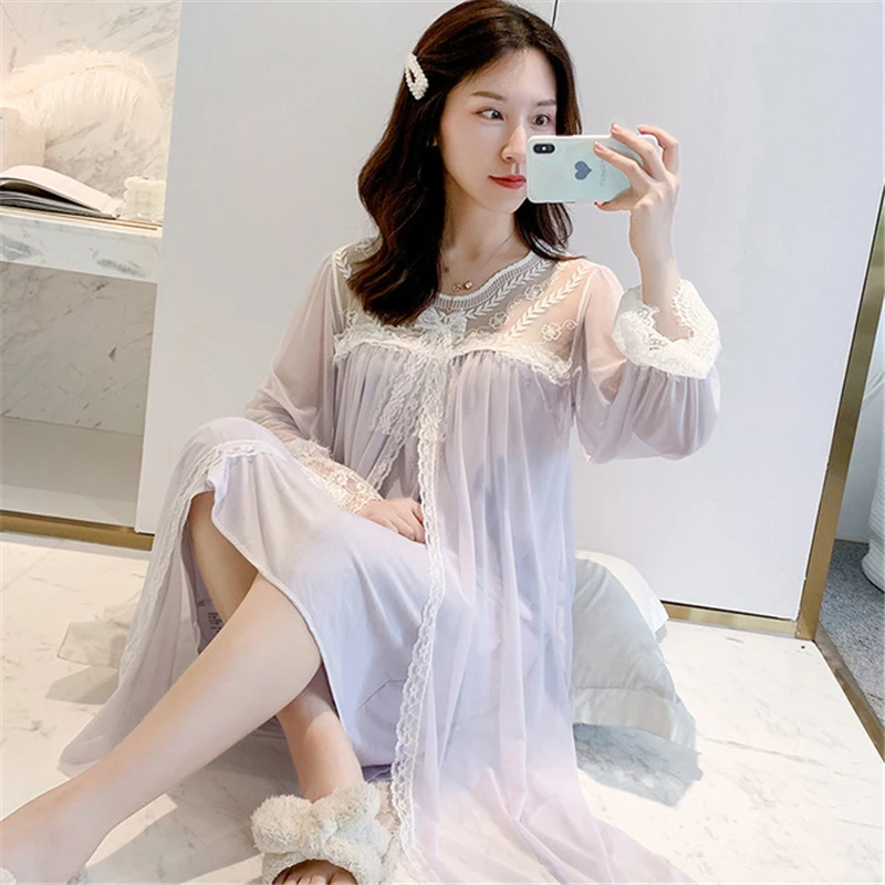 

Sexy Lace Nightdress Long Sleeve Loose Nightgown Modal One-piece Bathrobe Home Service Soft Skin-friendly pijamas women new