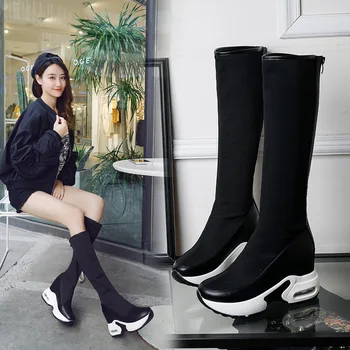 

Leisure Microfiber High Women Over-the-Knee Boots Wedges Zip Solid Long Thigh Boots Round Toe Platform Elastic Winter Shoes