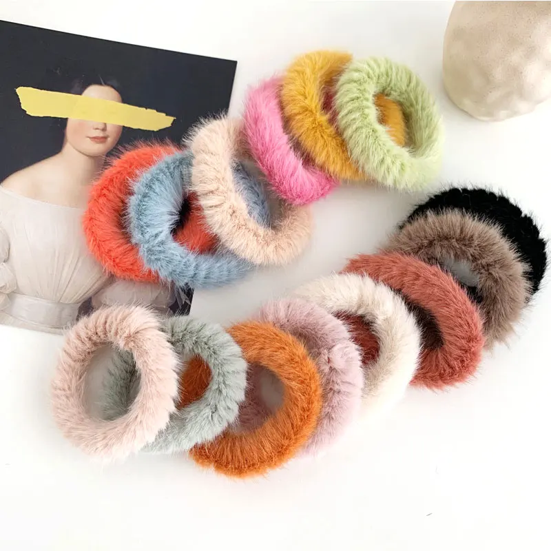 1PC Women Girls Candy Color Soft Faux Fur Scrunchie Fluffy Hair Ring Winter Cute Sweet Rubber Bands Hair Ties Hair Accessories