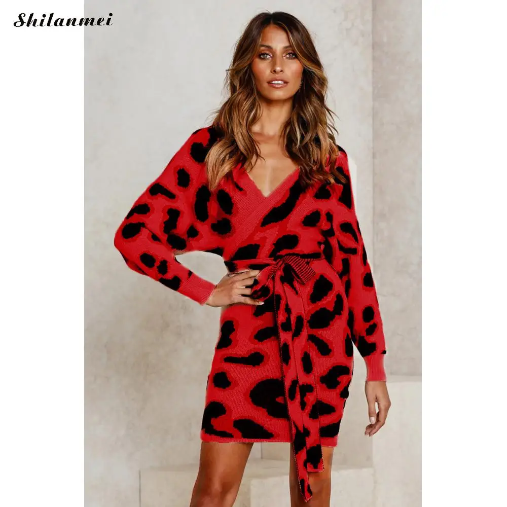 Sexy Leopard Print Mini Dress Women Elegant Fashion Sweater Dresses V Neck Bow Wrap Bodycon Dress 2019 Autumn Knitted Dresses
Sexy Leopard Print Mini Dress Women Elegant Fashion Sweater Dresses V Neck Bow Wrap Bodycon Dress 2019 Autumn Knitted Dresses