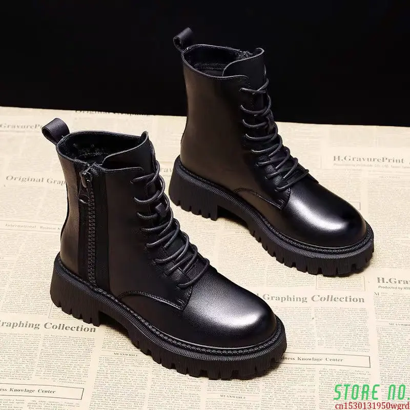 

Women 2021 Autumn Winter New Platform Plus Velvet Non-slip Thermal Boots Fashion Female British Style Black Sport Shoes