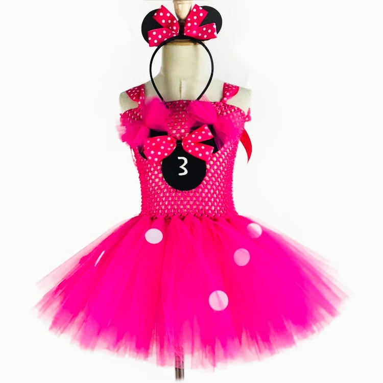 

Cute Girls Pink Mickey Minnie Tutu Dress Baby Crochet Tulle Dress with White Dots and Hairbow Kids Birthday Party Cosplay Dress