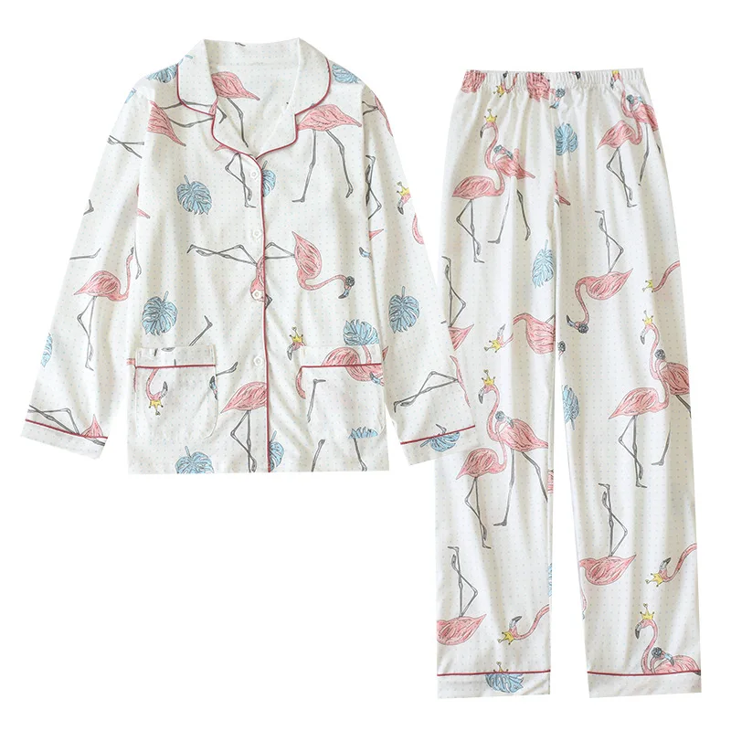 

New Women Pajamas Spring Long Sleeves Pajamas Two Sets 100% Knitted Cotton Flamingo Printing Pijama Mujer Loungewear Sleepwear