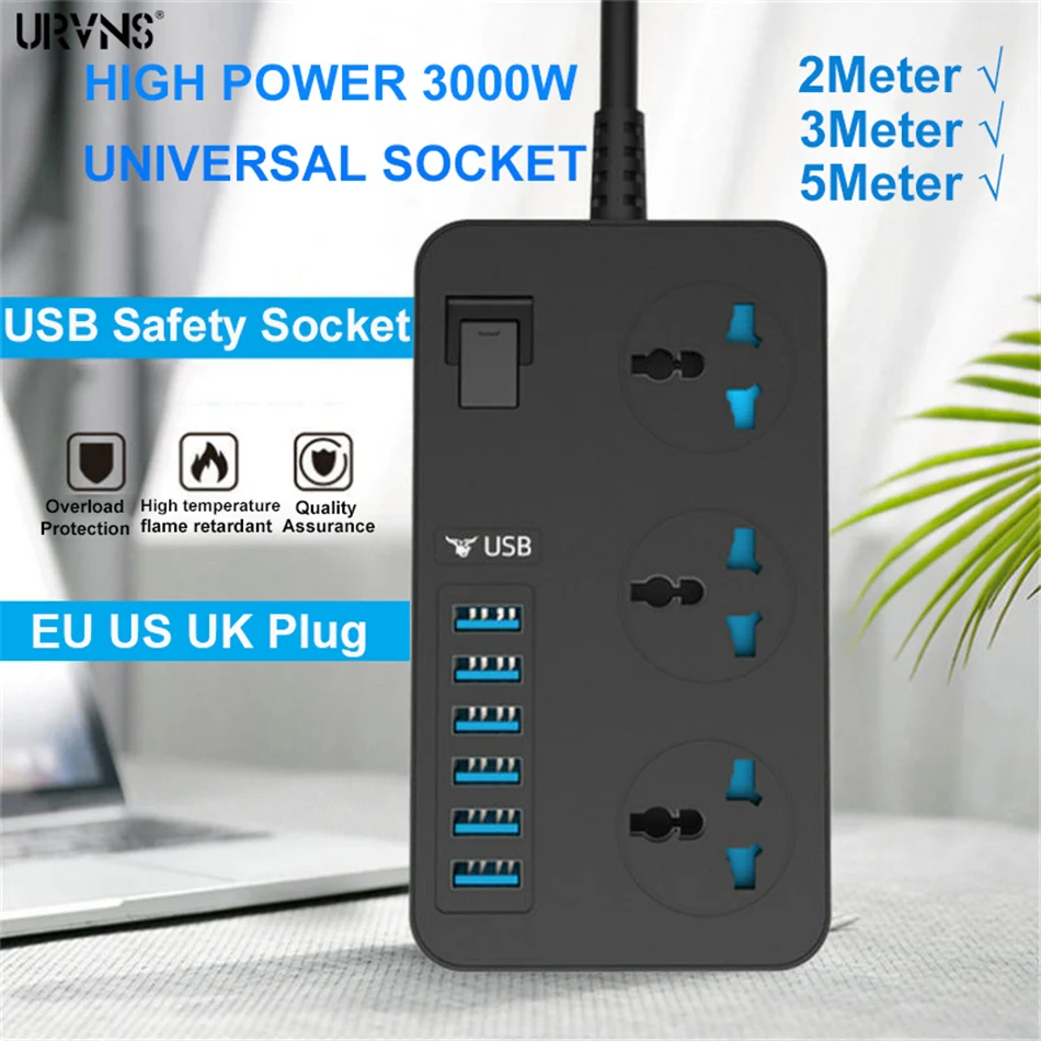 URVNS 3000W AC Extension Power Socket Electrical Srtip with 6 USB Ports 3 Way Outlet Adapter Surge Protection Travel Charger
URVNS 3000W AC Extension Power Socket Electrical Srtip with 6 USB Ports 3 Way Outlet Adapter Surge Protection Travel Charger