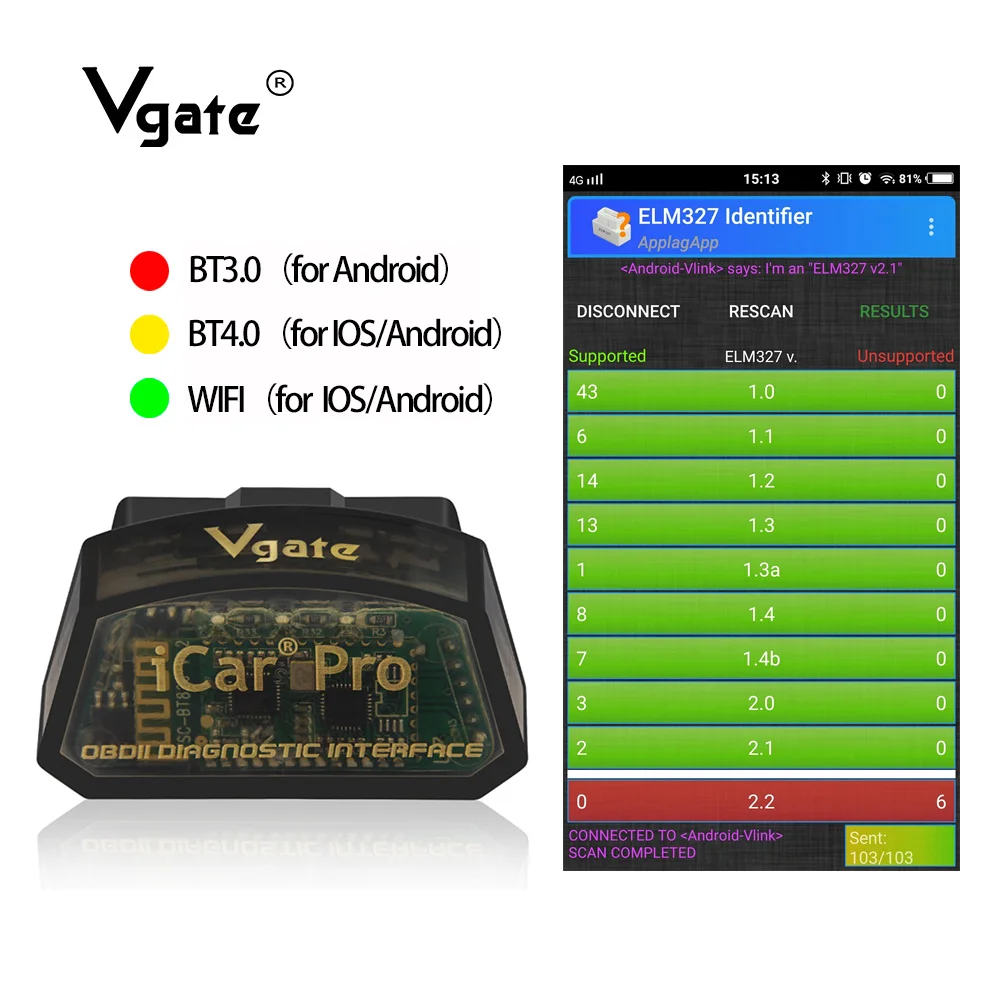 Vgate iCar Pro ELM 327 v2.1 Bluetooth OBD OBD2 Scanner elm327 v2.1 WIFI for IOS/Android/PC OBD2 Car Diagnostic Tool ELM327 Scan
Vgate iCar Pro ELM 327 v2.1 Bluetooth OBD OBD2 Scanner elm327 v2.1 WIFI for IOS/Android/PC OBD2 Car Diagnostic Tool ELM327 Scan
