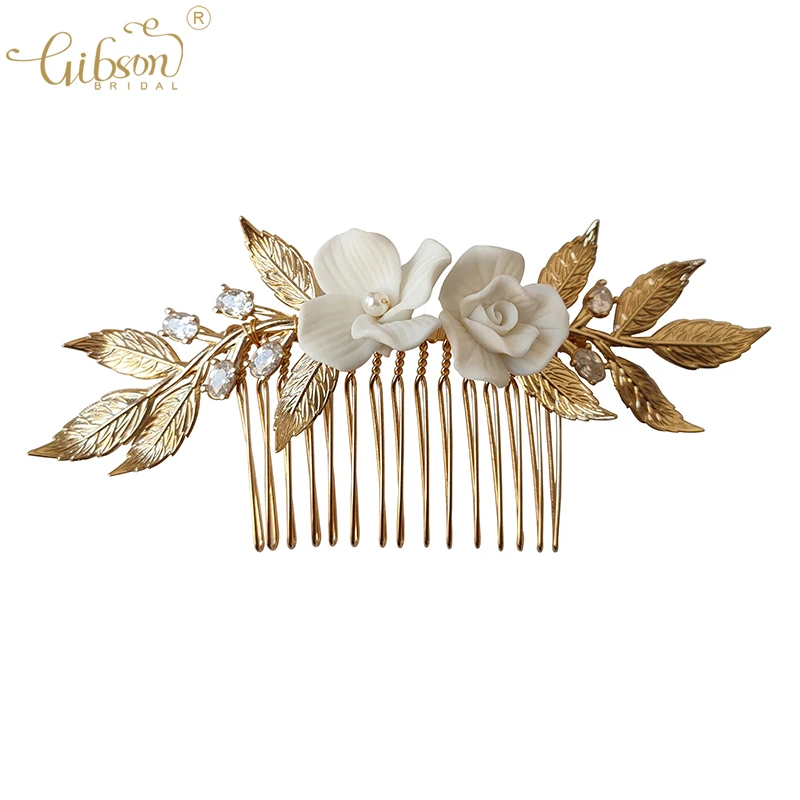 

Anniversary Golden Headpiece Handmade Flower Leaf Bridal Hair Comb Jewelry Wedding Bridesmaid Hair Accessories