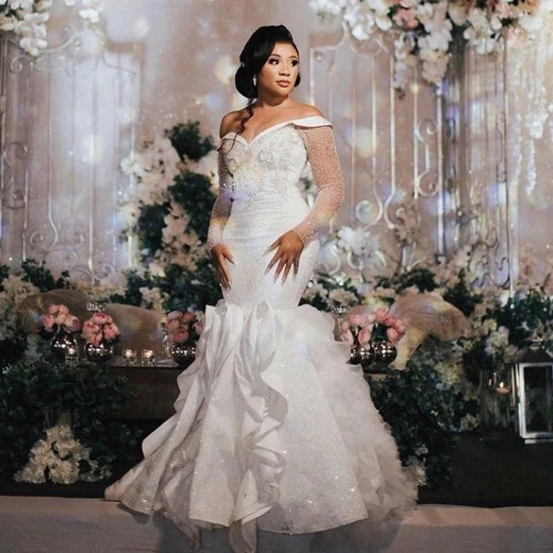 African Mermaid Wedding Dress Sequins Sparkly Off Shoulder Dubai Arabic vestido de noiva Plus Size Bridal Dress Custom Size
African Mermaid Wedding Dress Sequins Sparkly Off Shoulder Dubai Arabic vestido de noiva Plus Size Bridal Dress Custom Size