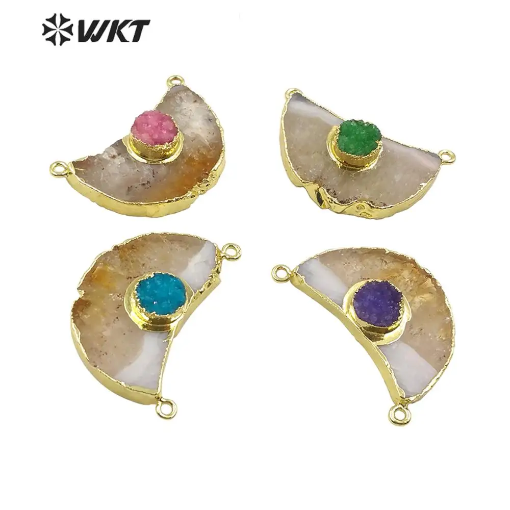 

WT-P1512 Newest fashion natural stone quartz pendant crescent shape with gold Electroplated double loops woman necklace pendant