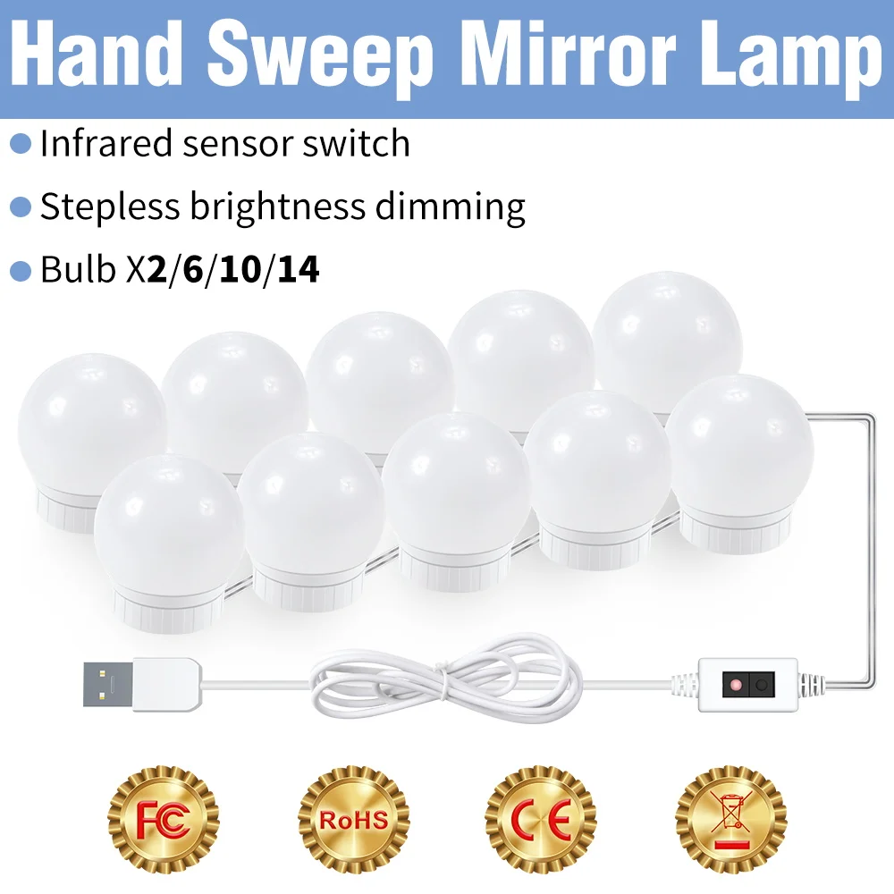 Mirror Light Bulb Adjustable Brightness 12V LED Kit Hand Sweep Sensor Vanity Makeup Lamp USB Dressing Table Light 2 6 10 14 Bulb
Mirror Light Bulb Adjustable Brightness 12V LED Kit Hand Sweep Sensor Vanity Makeup Lamp USB Dressing Table Light 2 6 10 14 Bulb