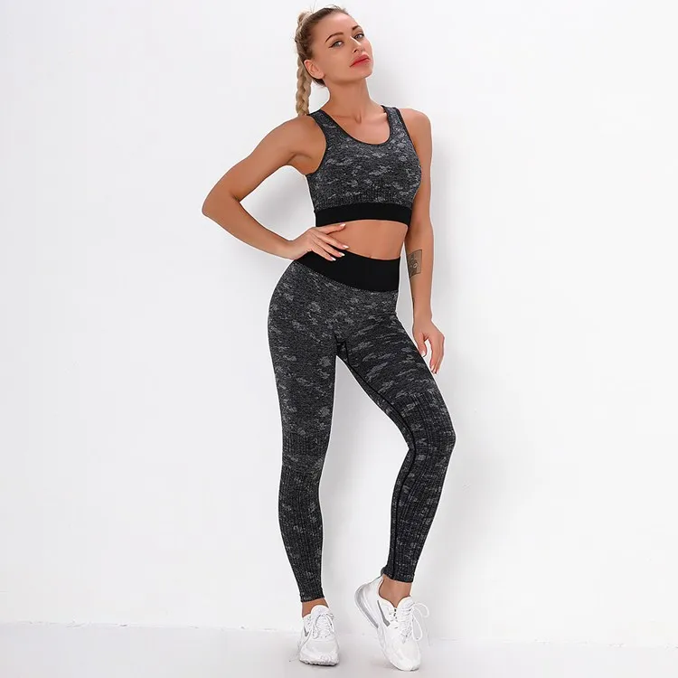 Ensemble d'entraînement de Camouflage Jacquard pour femmes, 2 pièces, sans couture, soutien-gorge de sport et Legging taille haute, combinaisons de Yoga à séchage rapide Ensemble d'entraînement de Camouflage Jacquard pour femmes, 2 pièces, sans couture, soutien-gorge de sport et Legging taille haute, combinaisons de Yoga à séchage rapide