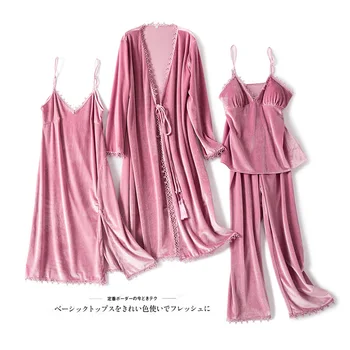 Velour Solid Colour Sleepwear For Young Lady Full Sleeve Winter Warm Home Clothing With Belt Nightwear Female 4PCS Pajamas Set 
Velour Solid Colour Sleepwear For Young Lady Full Sleeve Winter Warm Home Clothing With Belt Nightwear Female 4PCS Pajamas Set