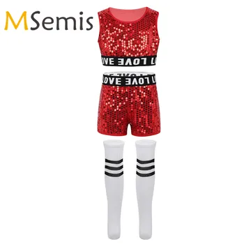 Kids Girls Cheerleading Costumes Hip-hop Jazz Performance Clothes Shiny Sequins Crop Top with Booty Shorts Socks Dancewear Set 
Kids Girls Cheerleading Costumes Hip-hop Jazz Performance Clothes Shiny Sequins Crop Top with Booty Shorts Socks Dancewear Set