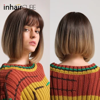 

Inhair Cube 12"Bob Wigs Highlight Dark Brown Root Centre Parting Wave Ends Natural Medium Hair Wig with Inclined Bangs for Women