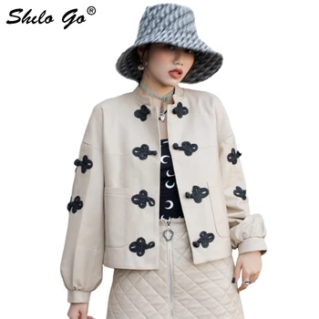 Genuine Leather Jacket Floral Button Front Mock Neck Bishop Sleeve China Style Jacket Coat Women Autumn Casual Solid Outwear
Genuine Leather Jacket Floral Button Front Mock Neck Bishop Sleeve China Style Jacket Coat Women Autumn Casual Solid Outwear