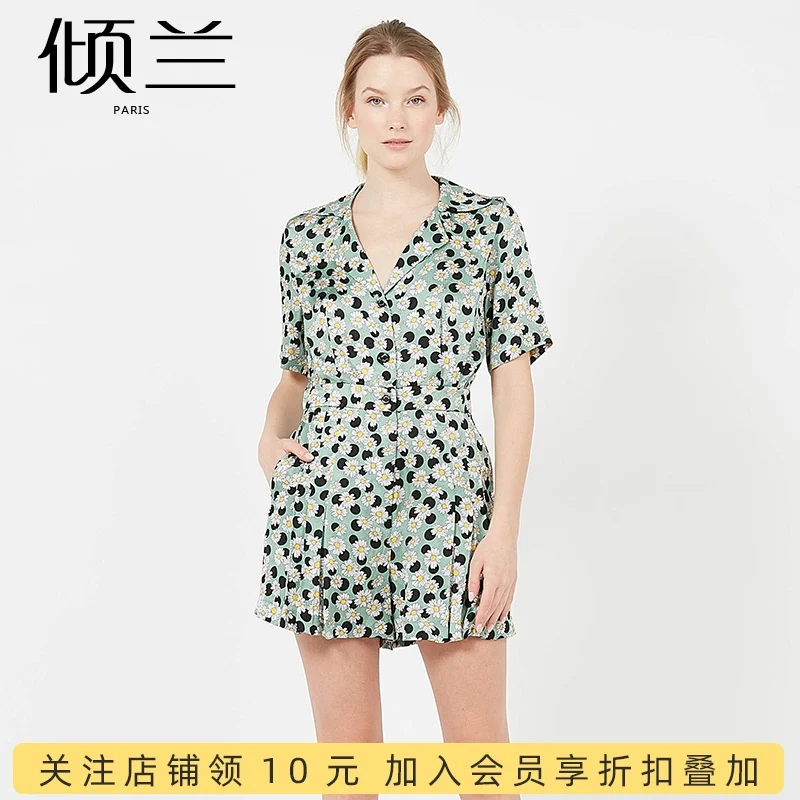 

Patads French Jumpsuit 2021 spring summer ol commuter V-neck green print Daisy shorts