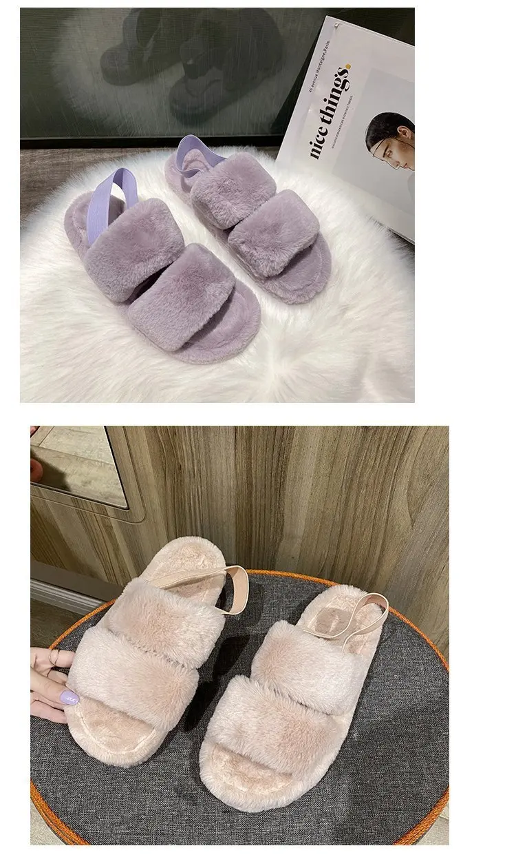 2020 winter Korean net red fur Women's shoes female flat word with fur slippers fashion thick bottom home lazy slippers women