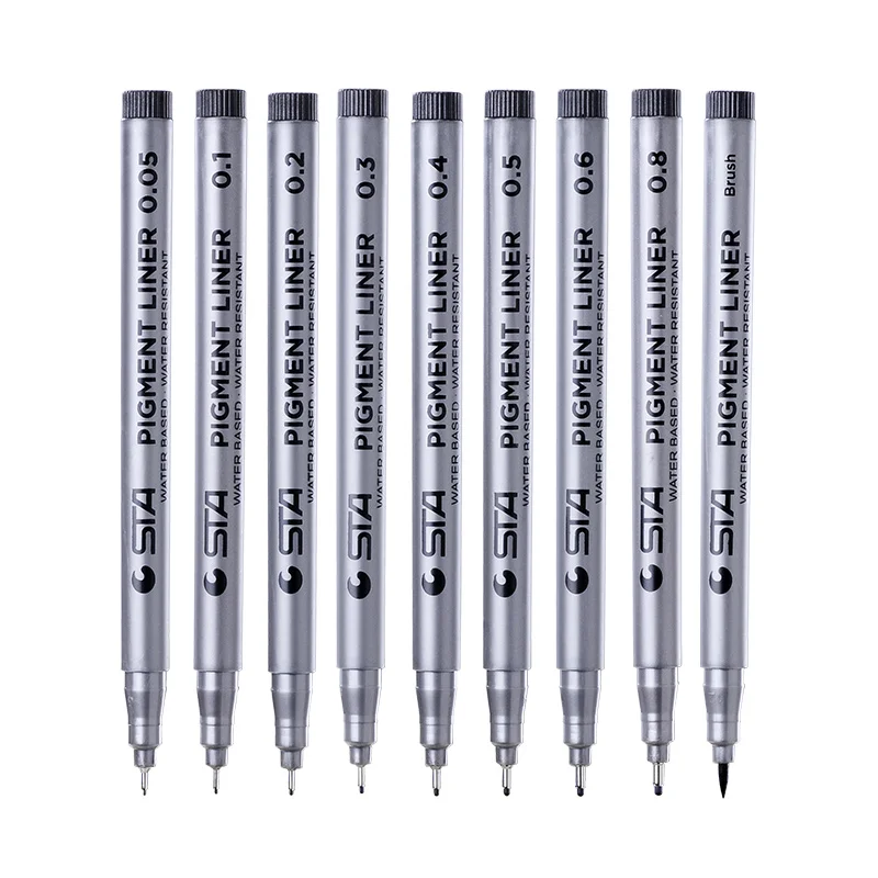 STA 9Pcs/Lot Black micron pen Hook Liner copic sketch markers Drawing Waterproof Art Supplies Manga Comic Handwriting Brush Pen
STA 9Pcs/Lot Black micron pen Hook Liner copic sketch markers Drawing Waterproof Art Supplies Manga Comic Handwriting Brush Pen