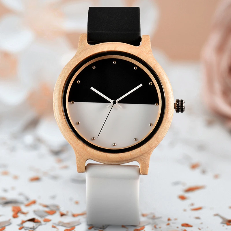 Фото Two-color Stitching Wood Watch for Men Women Quartz Creative Black White Silicone Strap Wrist Ladies Dress Clock | Наручные часы