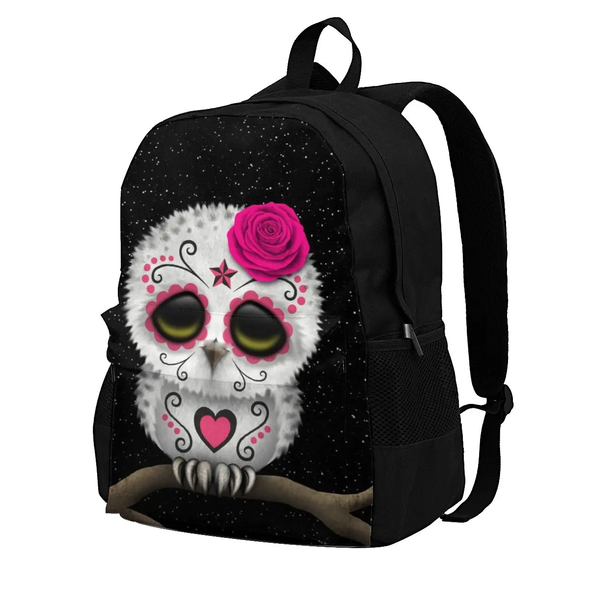 

Cute Pink Day Of The Dead Sugar Skull Owl Backpacks Mexican Skull Animal Pattern Universal Polyester Backpack Running Male Bags