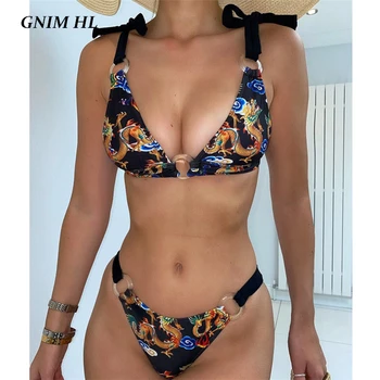 

GNIM Sexy Triangle Bikini Swimwear Women 2020 Dragon Print Bathing Suit Women Two Pieces Summer Bandage Backless Bather Suit New