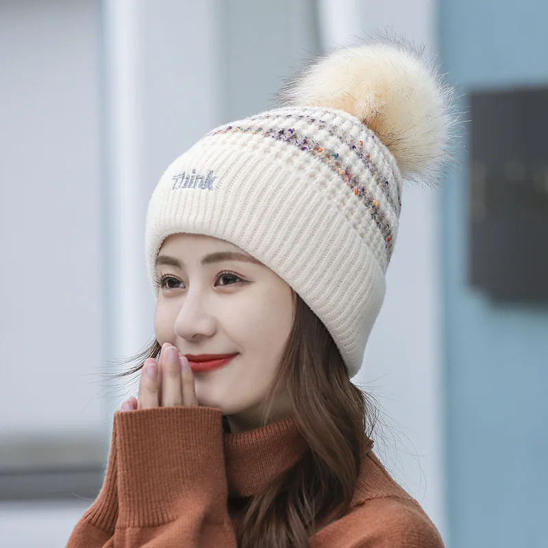 

2020 New Fashion Women's Hat Knitted Stripped Wool Beanie Warm and Double Thick Winter Hat Big Pompoms Lovely letters Cap