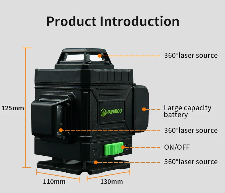 HAVADOU 16 Lines 3D Self-Leveling Laser Level Powerful  Horizontal&Vertical Cross Lines 360 Degrees Rotary Adjustment