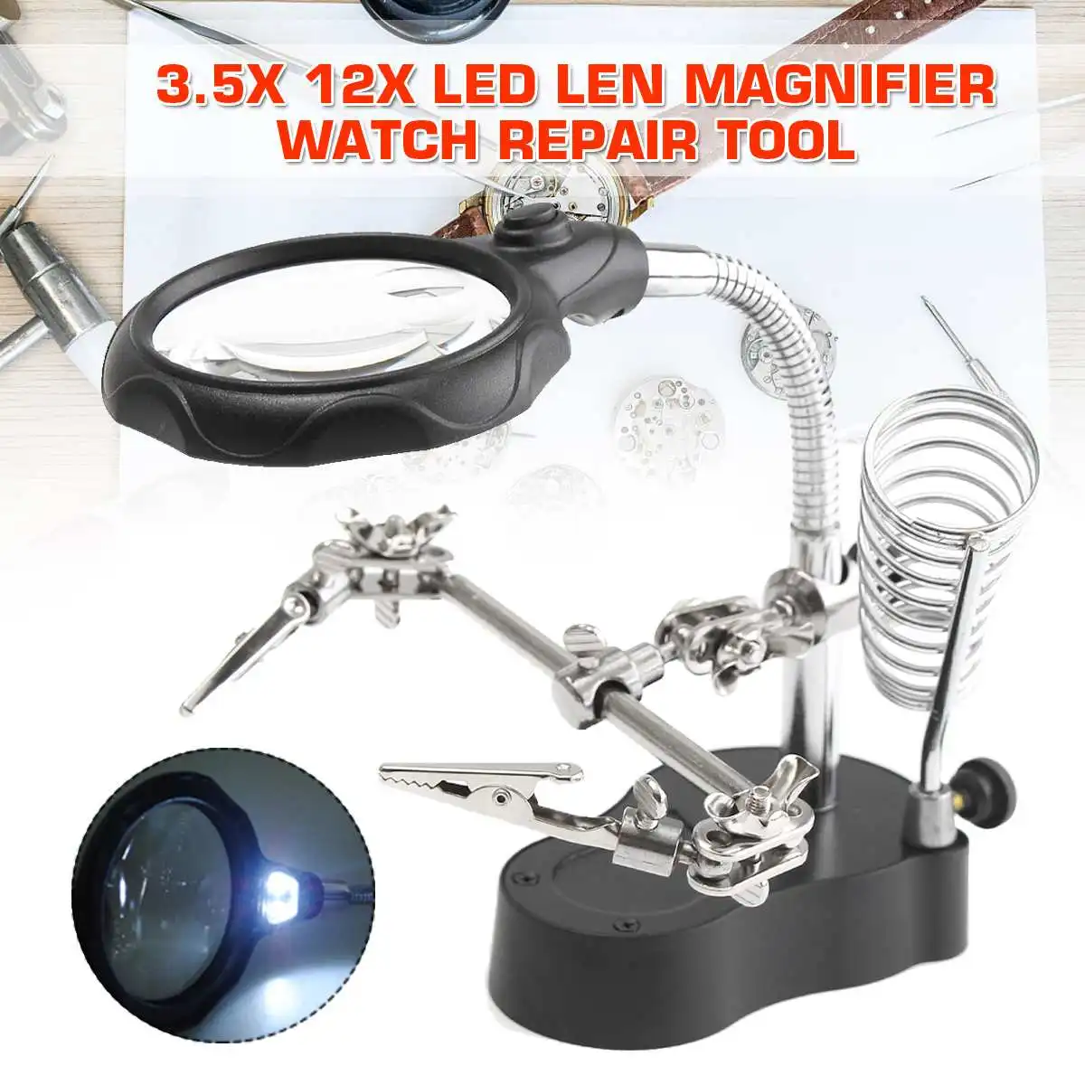 Welding Magnifying Glass LED Light 3.5X 12X lens Clip loupe Desktop Magnifier Helping Hand Third Hand Soldering Tools
Welding Magnifying Glass LED Light 3.5X 12X lens Clip loupe Desktop Magnifier Helping Hand Third Hand Soldering Tools