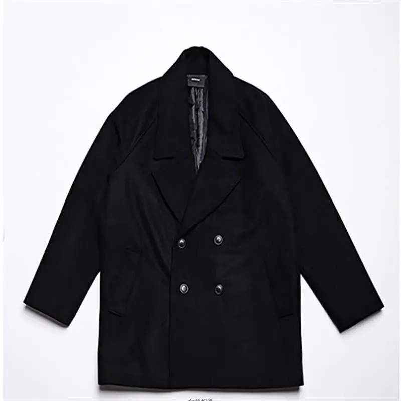 Мужское черное пальто Простое Шерстяное Пальто двубортное для отдыха осени и