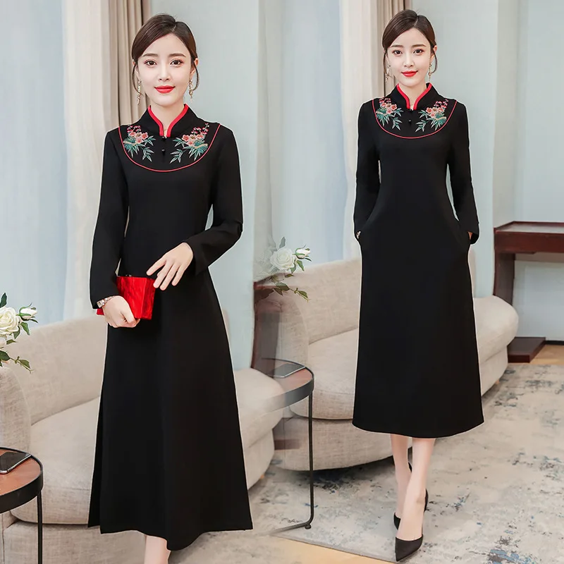 Ethnic-Style Black Embroidery Dress 2020 Spring New Style Chinese Style Retro WOMEN'S Dress Base Skirt 
Ethnic-Style Black Embroidery Dress 2020 Spring New Style Chinese Style Retro WOMEN'S Dress Base Skirt