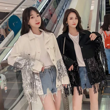 2020 Autumn Fashion Punk Black Sequins Jacket Beading Tassels Women Jeans Coat Cool Streetwear White Denim Jackets Female Tops
2020 Autumn Fashion Punk Black Sequins Jacket Beading Tassels Women Jeans Coat Cool Streetwear White Denim Jackets Female Tops
