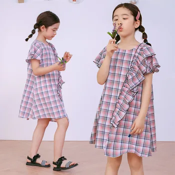 

Boutique Children Dress 2020 Summer Plaid Ruched Girls Asymmetrical Dress For 4-12Y teenage Clothes Kids Dress
